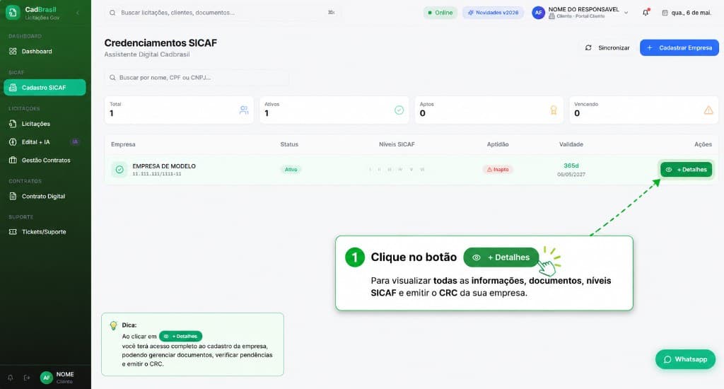 Credenciamentos SICAF — botão + Detalhes