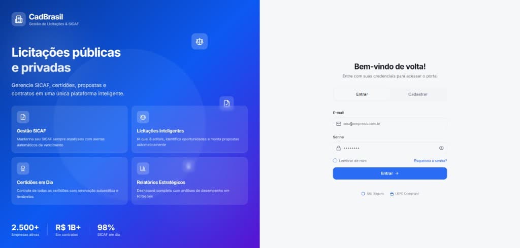 Tela de login da plataforma CadBrasil fornecedor