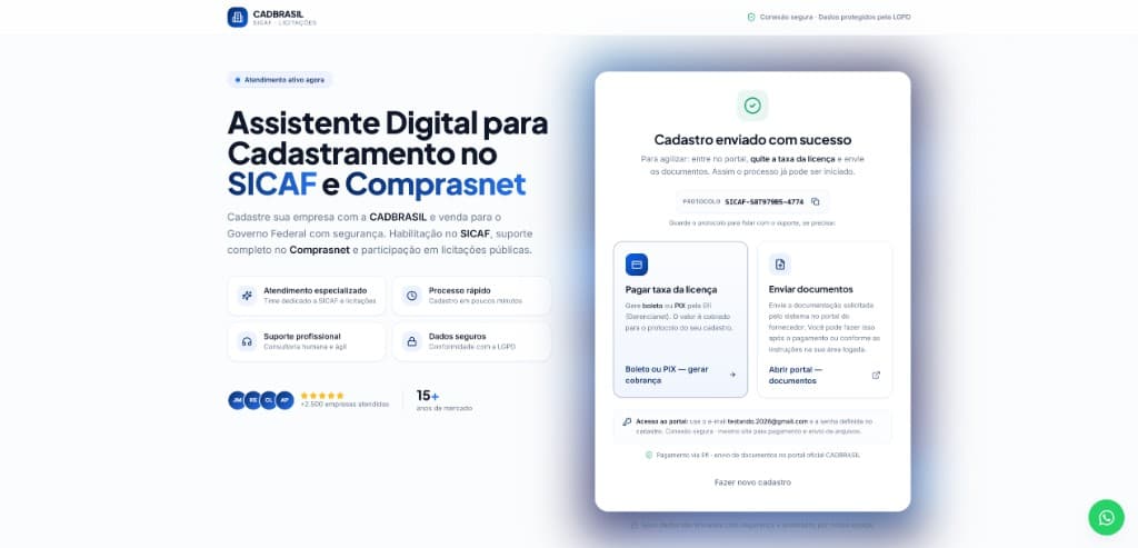 Tela apos envio do cadastro com atalho para pagar a taxa inicial
