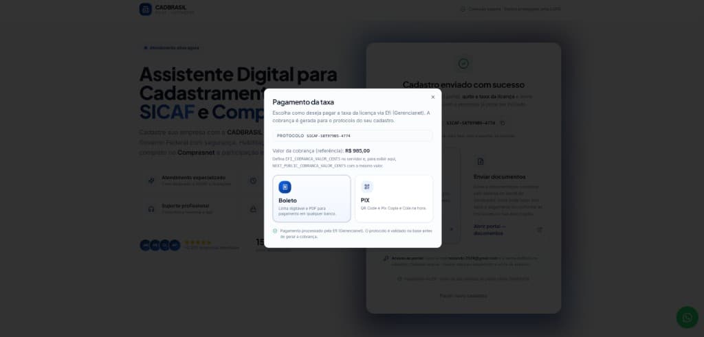 Modal para escolher a forma de pagamento da taxa inicial