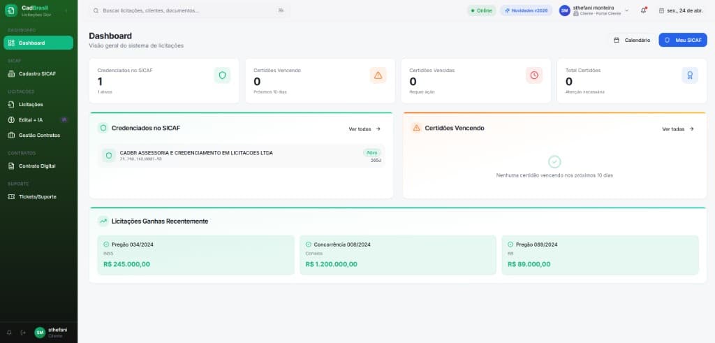 Dashboard inicial apos acesso ao portal