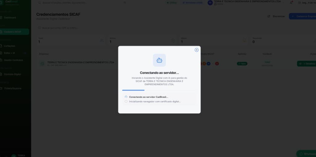 Clicando em Meu SICAF para continuar o processo