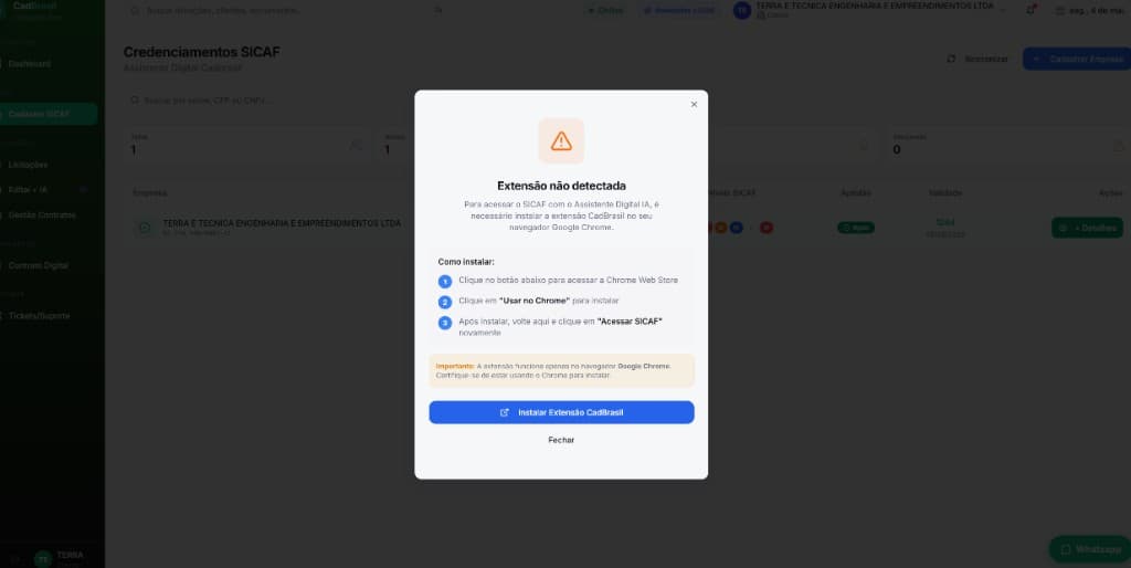 Aviso de extensao nao detectada no navegador Chrome