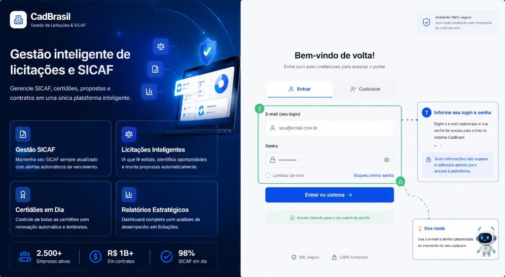 Painel do fornecedor para iniciar a operação