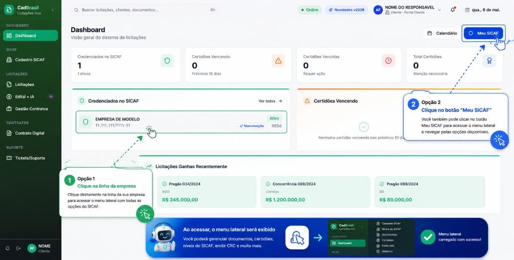 Tela do cadastro SICAF com visão de empresa e status