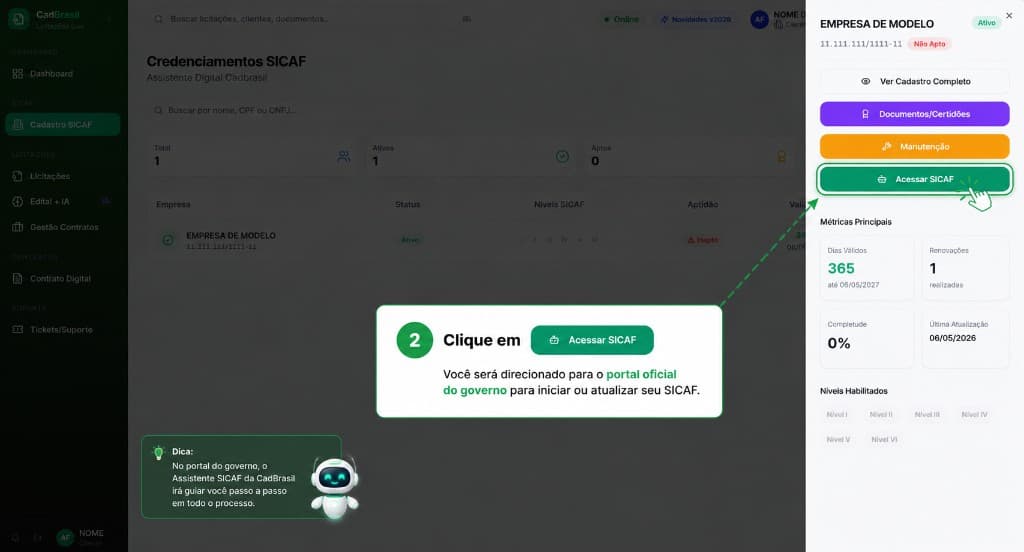 Destaque para o botão Acessar SICAF no painel da empresa